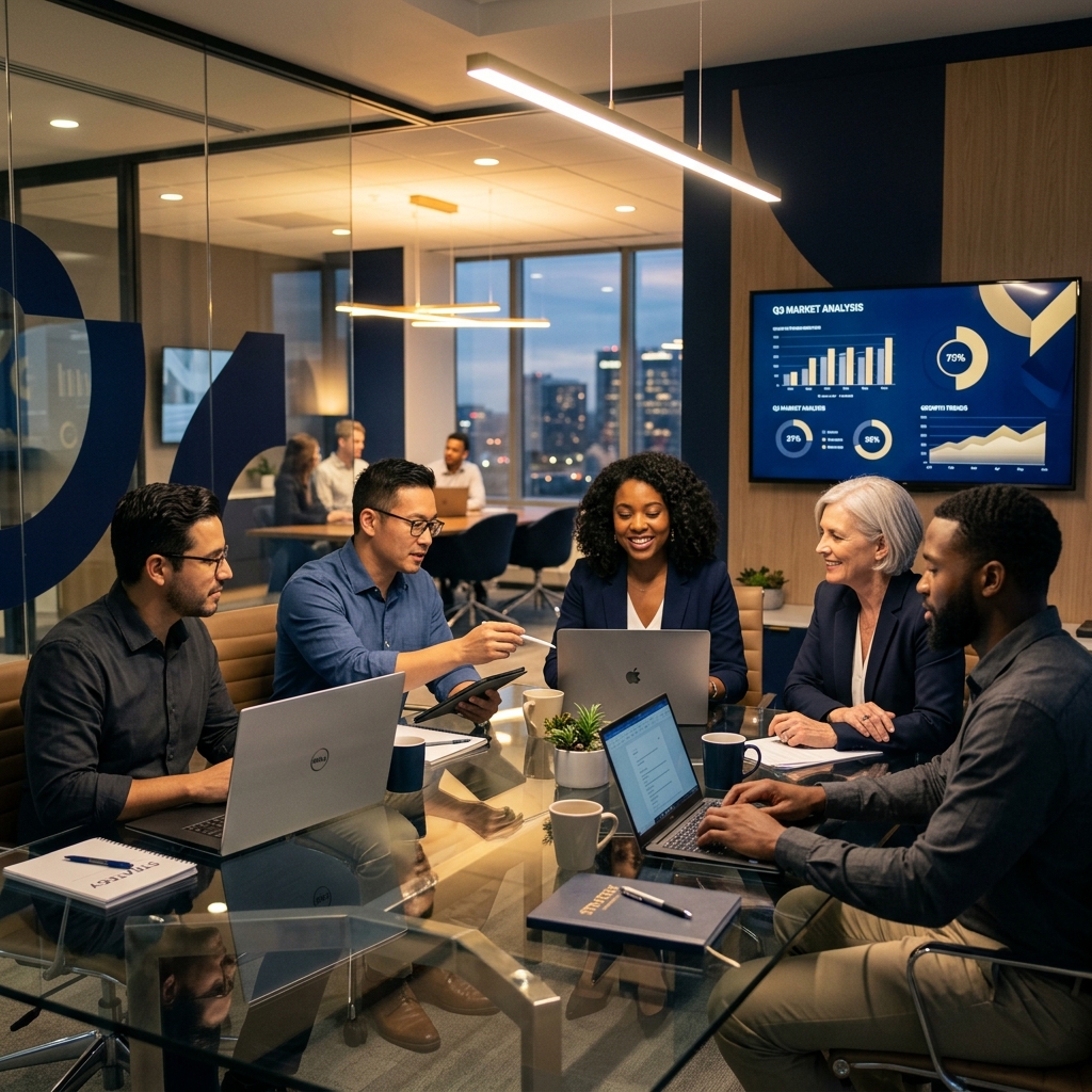 Professional team collaborating in modern office