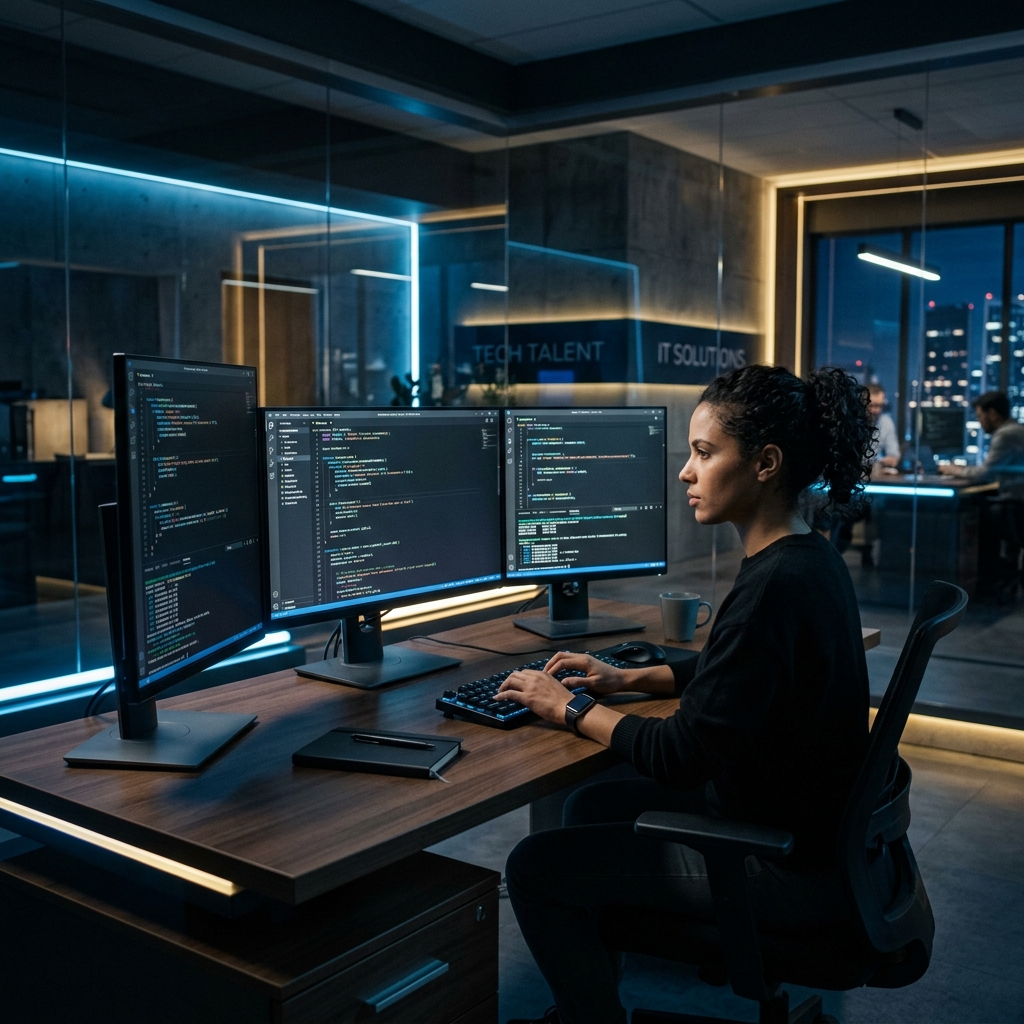 Software developer working at multiple screens
