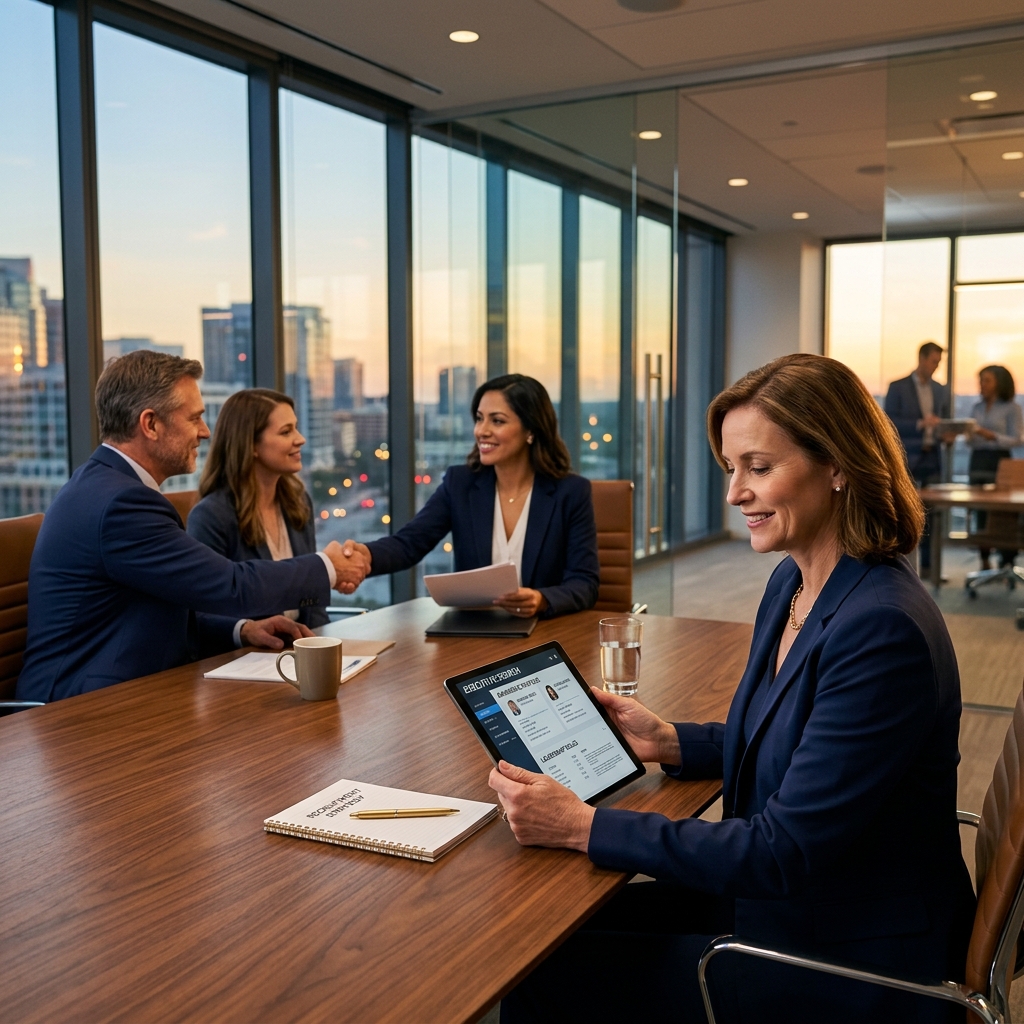 Professional recruitment team in a modern corporate boardroom